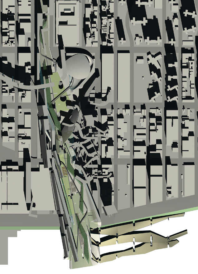 IFCCA Competition Site, New York City. The site is bounded on the west by the Hudson River, east by 8th Avenue, north by 30th Street, and south by 34th Street.